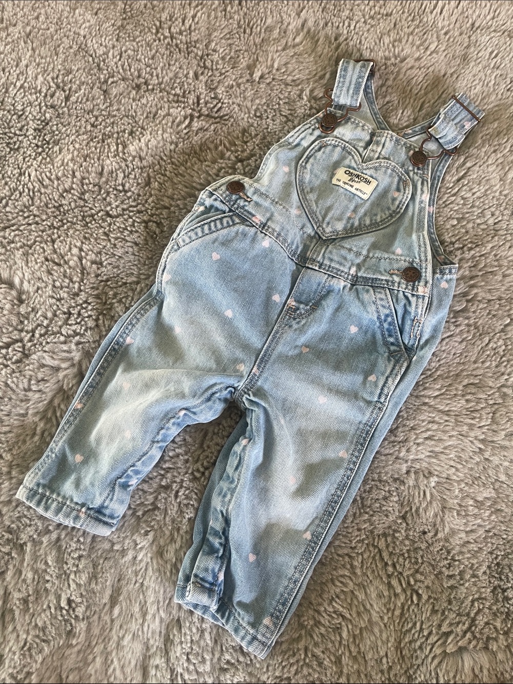 OshKosh B'gosh Light Blue Denim Heart Pocket Overalls with Pink Hearts